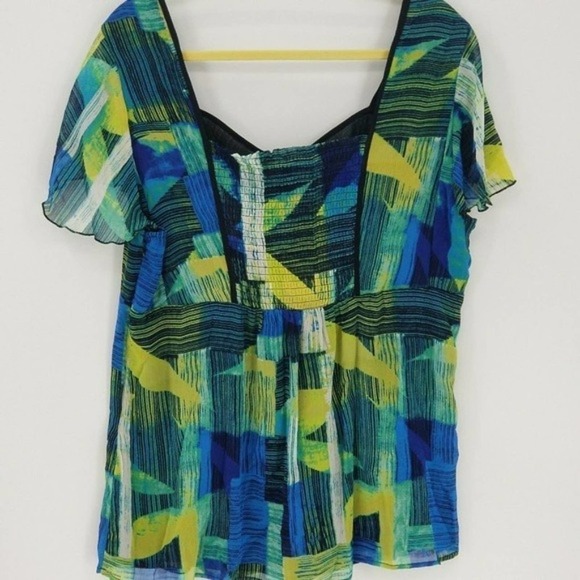 Lane Bryant Blue Green Black Flutter Sleeve Geometric Print Blouse Size 18/20 - Picture 2 of 4